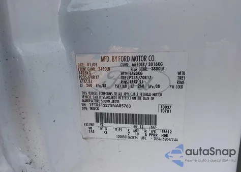 2005 Ford F150 Stx/Xl/Xlt из США, поврежденный, VIN 01FTRF12275NA8576